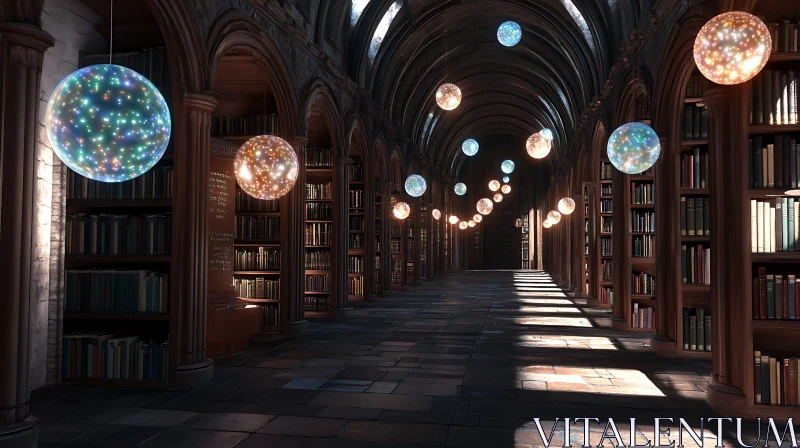 Enchanting Library Interior with Illuminated Globes AI Image