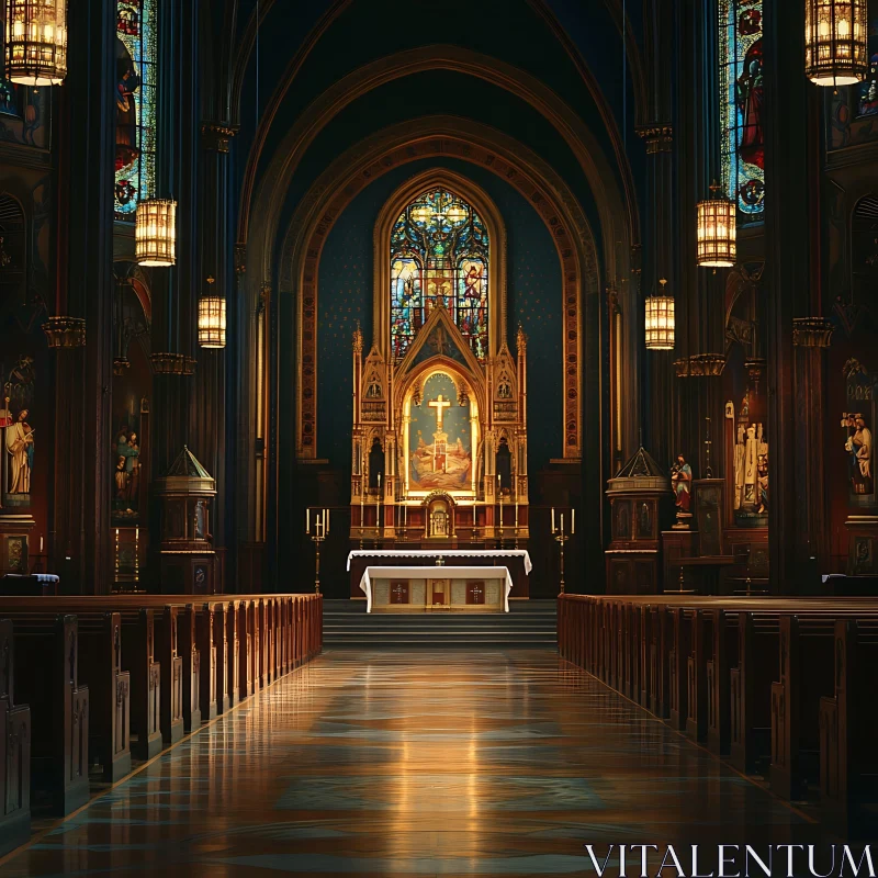 AI ART Church Aisle View with Golden Altar