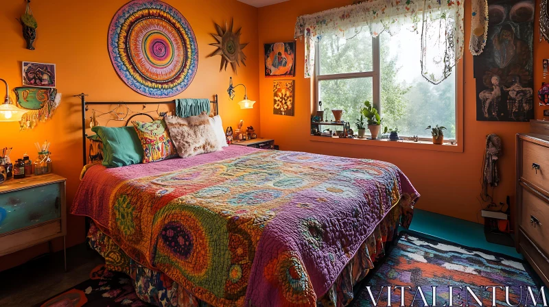 Eclectic Bedroom with Colorful Bedspread AI Image