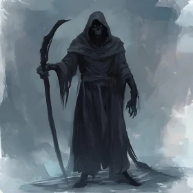 Death Figure with Scythe in Misty Landscape