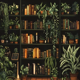 Harmonious Books and Plants on Bookshelf