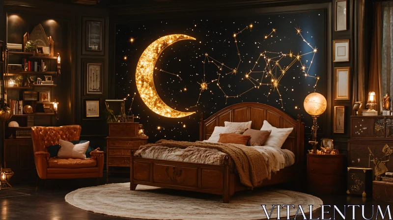 AI ART Cozy Bedroom with Celestial Wall Decor