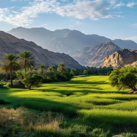 Mountain Valley Vista with Green Field