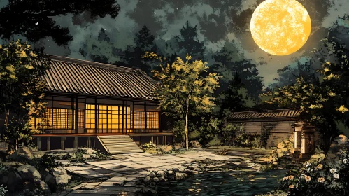 Japanese Architecture under Moonlight