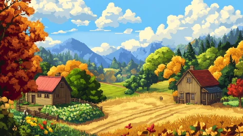 Pixelated Autumn Farm Scene