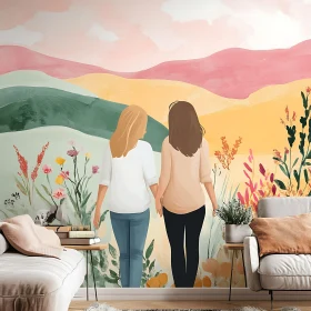 Women Holding Hands in Floral Landscape