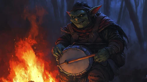 Enigmatic Goblin Drummer by the Fire