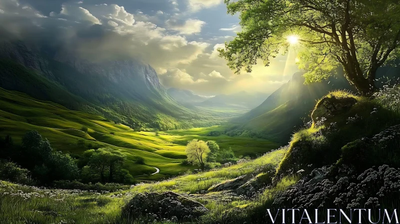 AI ART Picturesque Mountain Valley with Sunlight