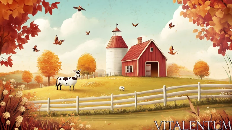 Scenic Farm with Grazing Cows and Birds AI Image