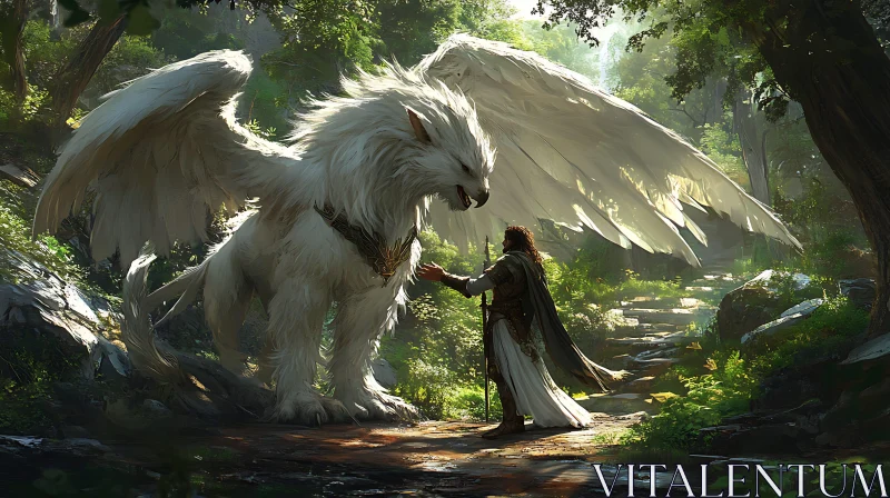 Griffin and Man in Forest Glade AI Image