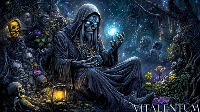 AI ART Mystical Skeleton Figure in Dark Forest