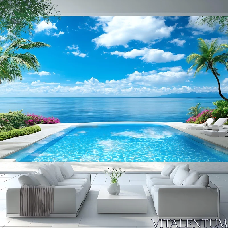 AI ART Tranquil Oceanfront Pool with Lounging Area