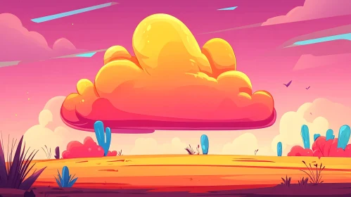 Stylized Desert Scene with Fluffy Cloud