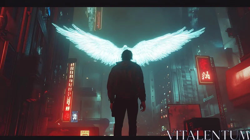 AI ART Neon Angel Wings in Futuristic City