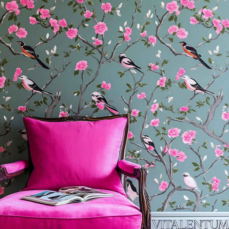 AI ART Floral Wallpaper with Pink Accent Chair