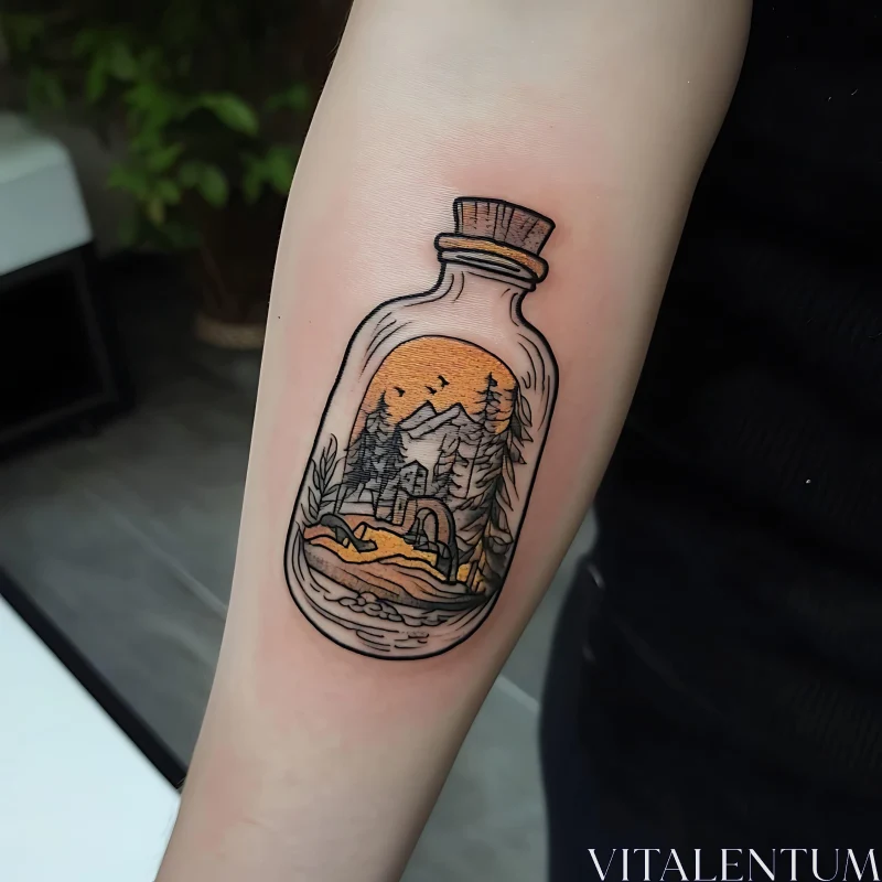 Mountain and Forest Scene in Bottle Tattoo AI Image