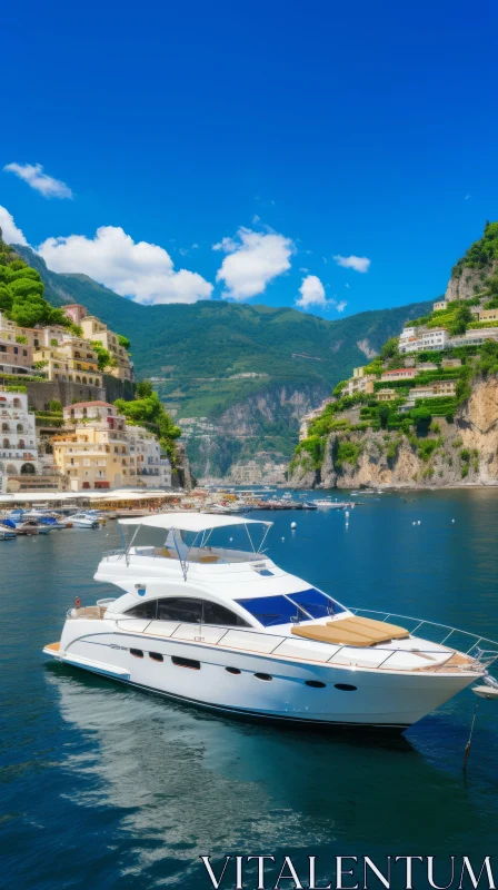 Elegant White Yacht Sailing in Vibrant Cove | Mountainous Vistas AI Image