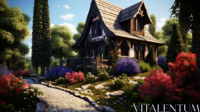 Enchanting Woodland Cottage Amidst Blooming Flowers AI Image