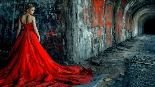 Enigmatic Woman in a Red Dress Standing in a Dark Tunnel