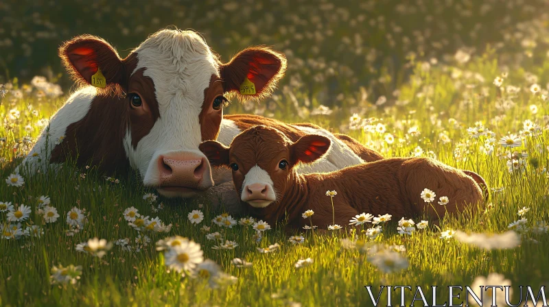 Peaceful Pasture: Cow and Calf Resting AI Image