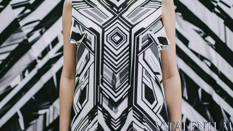 Fashion Portrait: Confident Woman in Black and White Geometric Print Dress AI Image