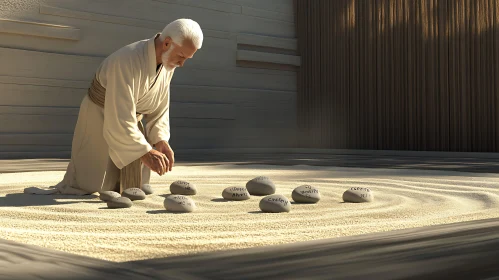 Man in White Robes Meditating in Zen Garden