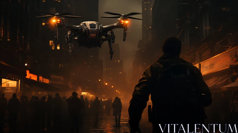 Futuristic City Scenes: Drone Boarding and Night Walk AI Image