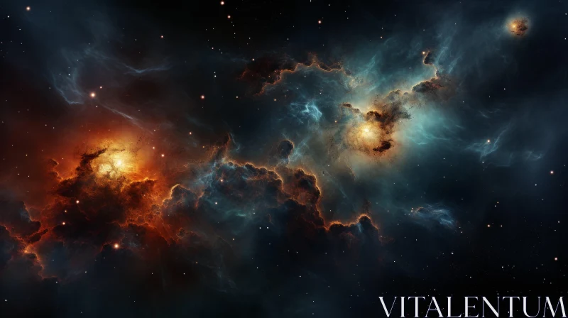 Orange Nebula with Blue Stars and Clouds - Celestial Universe Art AI Image