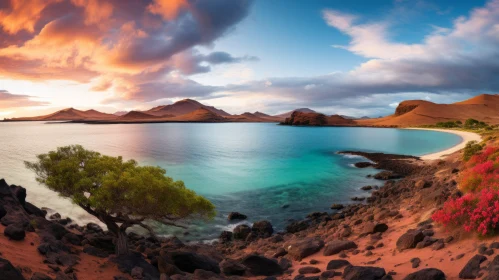 Red Earth Desert Landscape with Turquoise Sea in Galapagos Islands