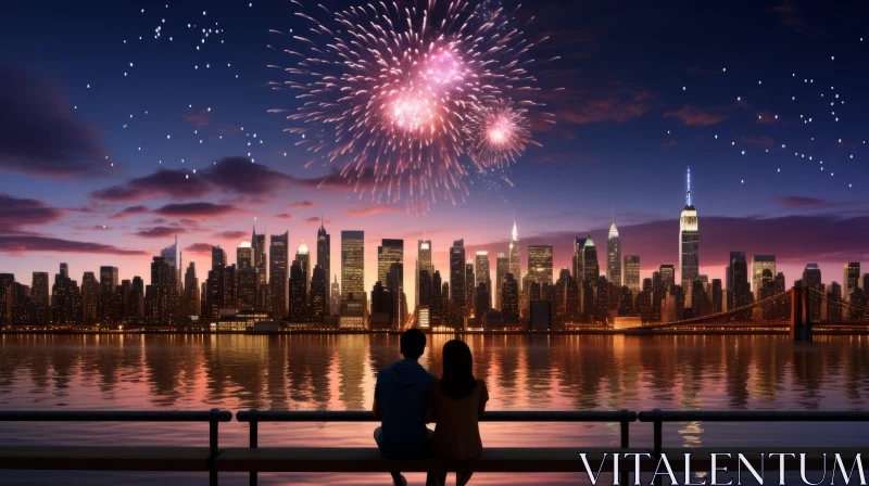 Romantic Fireworks Display over New York Cityscape AI Image