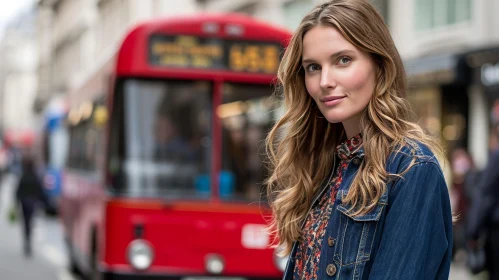 Stylish Woman Poses in Front of a Red Double-Decker Bus
