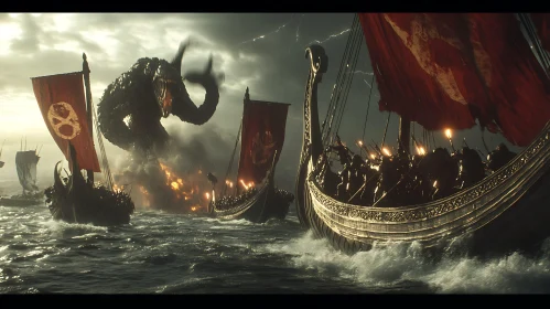 Viking Fleet Confronts Sea Monster