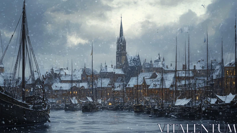 Snowy Harbor Scene with Old Town