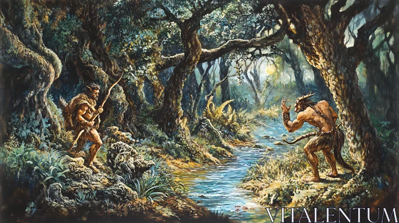 Hunter and Beast in Forest Confrontation AI Image