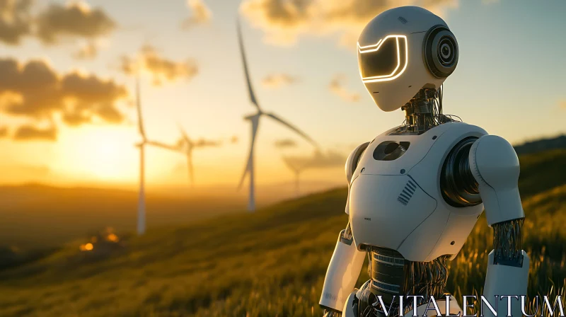 AI ART Robot and Wind Turbines at Sunset