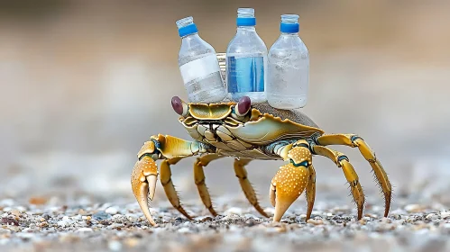 Beach Crab with Plastic Bottles