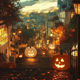 Halloween Pumpkins on Cobblestone Street