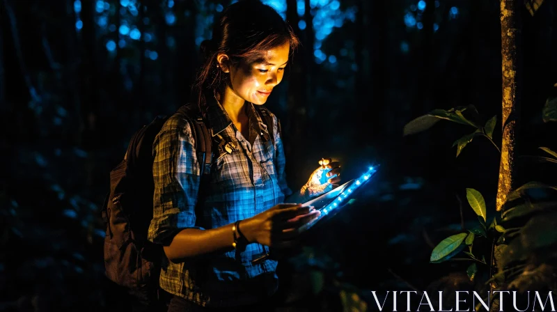 Woman Using Tablet in Dark Forest