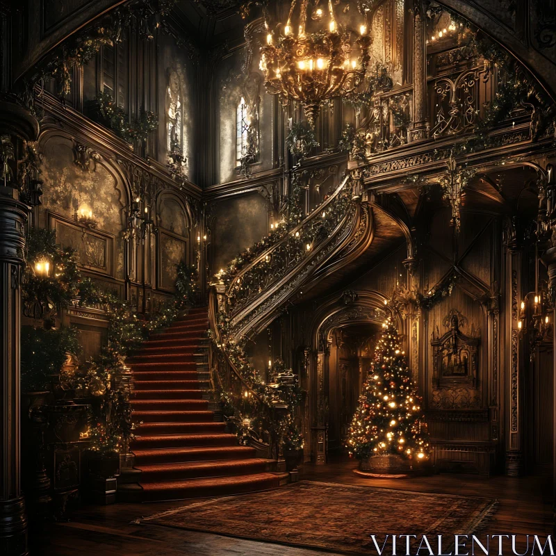 Ornate Staircase with Christmas Tree
