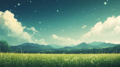 Serene Starry Night Over Green Field