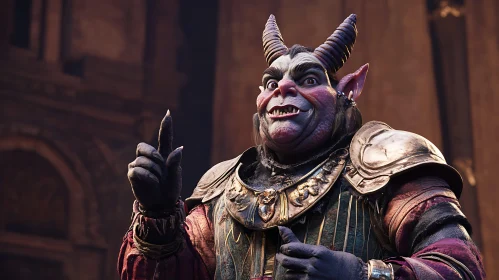 Horned Demon in Armor Pointing Upward