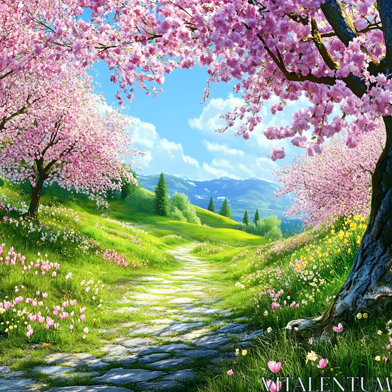AI ART Cherry Blossoms and Stone Path
