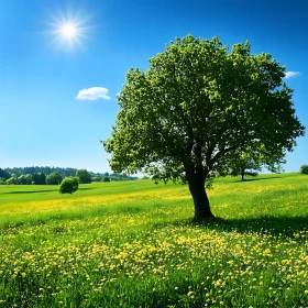 Idyllic Meadow with Tree and Flowers