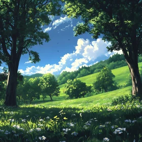 Lush Green Meadow with White Flowers and Blue Sky