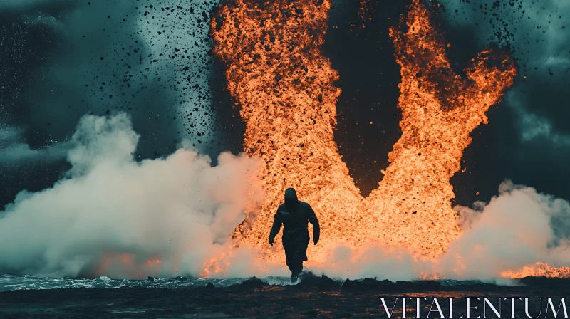 AI ART Figure Walking Towards Fiery Lava