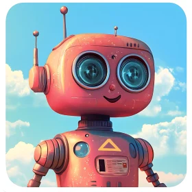 Pink Robot Character with Blue Sky