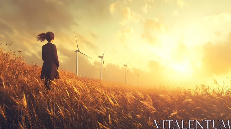 Contemplation at Sunset: Wind Turbines and Nature