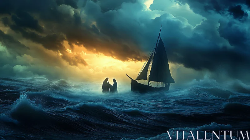 Figures and Boat in Raging Sea