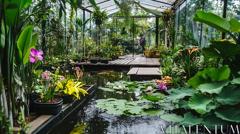 Botanical Greenhouse with Pond and Lilies AI Image