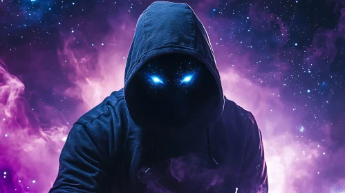 Mystic Hooded Character in Cosmic Scene